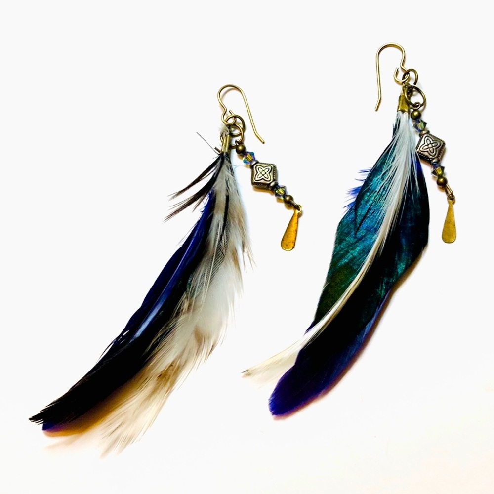 Handmade Purple White Iridescent Feather Earrings Art Avante Garde Boho Western